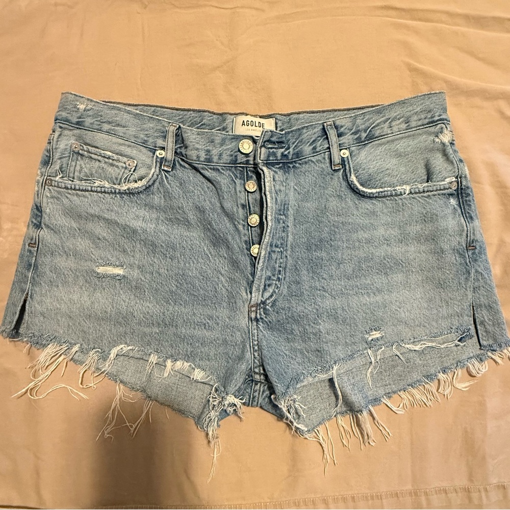 Agolde Light Blue Distressed Jean Shorts